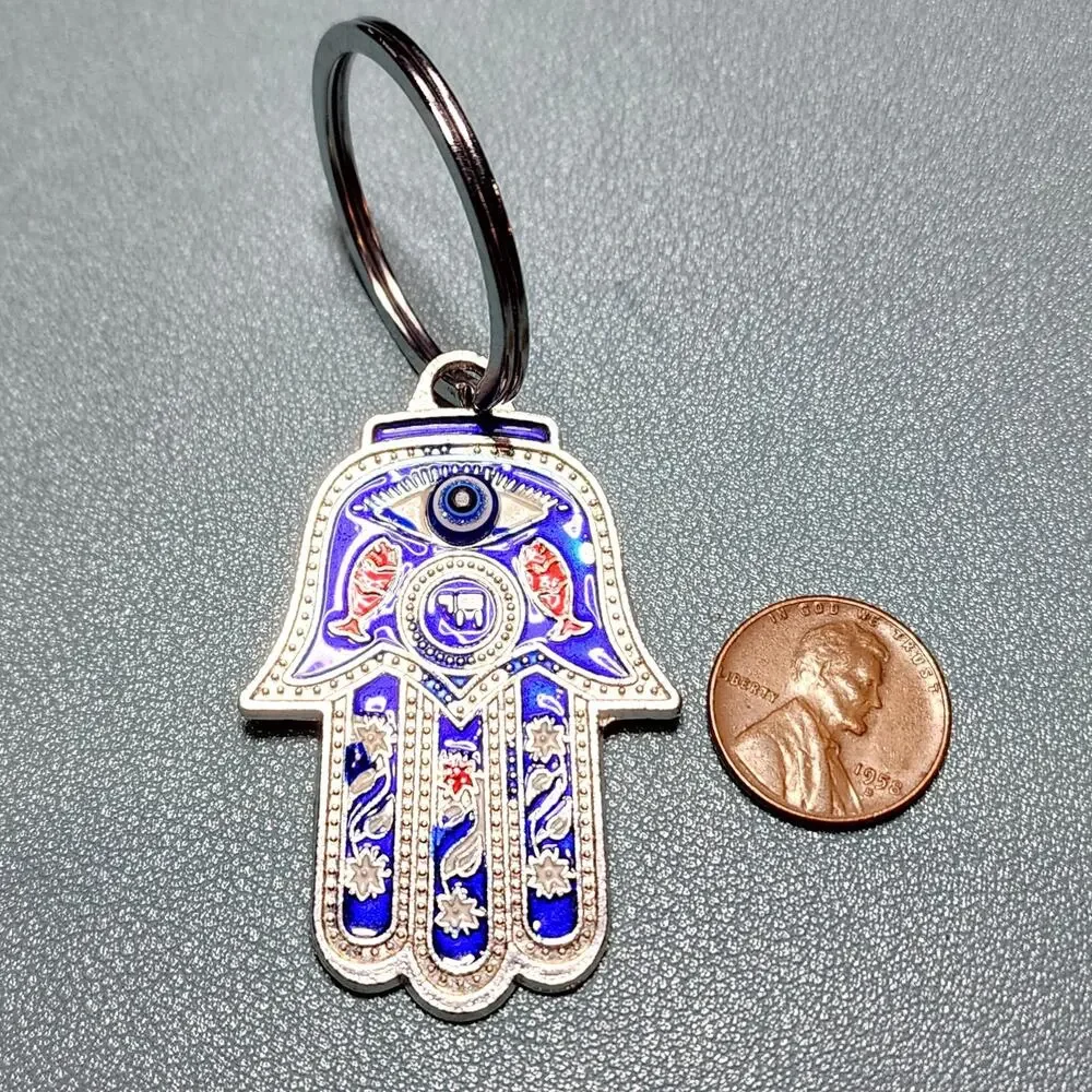 Silver Tone Blue Evil Eye Hamsa Hand of Fatima Keychain